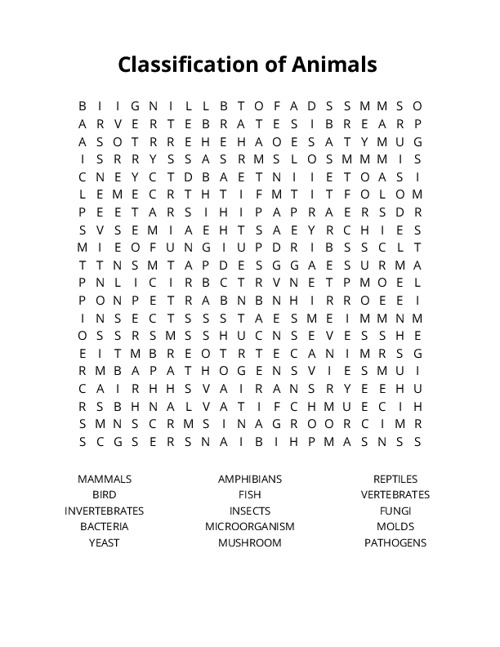 Classification of Animals Word Search Puzzle