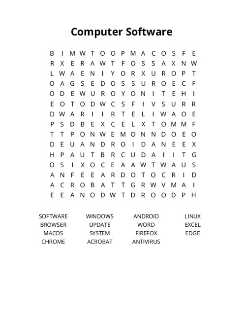Computer Software Word Search Puzzle