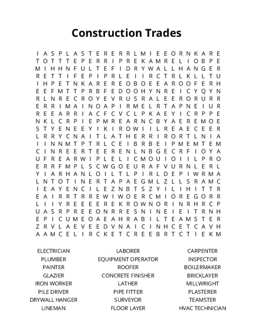Construction Trades Word Search Puzzle