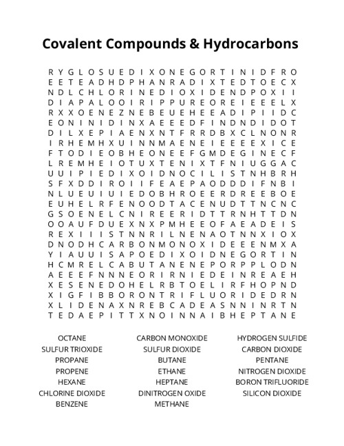 Covalent Compounds & Hydrocarbons Word Search Puzzle
