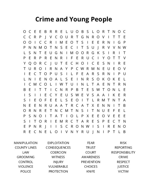 Crime and Young People Word Search Puzzle