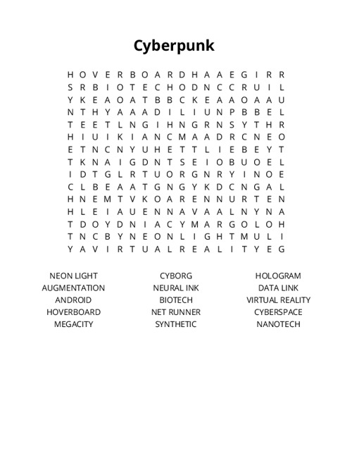 Cyberpunk Word Search Puzzle