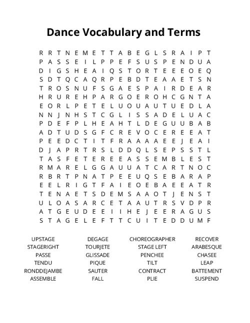 Dance Vocabulary and Terms  Word Search Puzzle