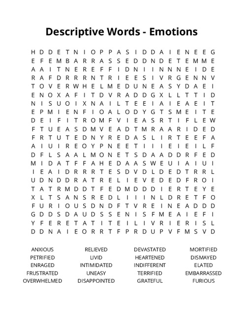 Descriptive Words - Emotions Crossword Puzzle