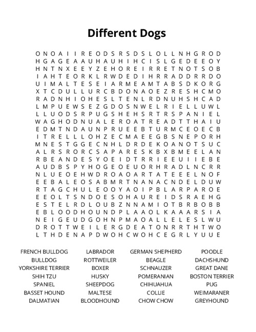 Different Dogs Word Search Puzzle