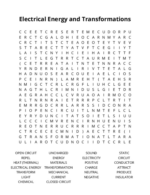 Electrical Energy and Transformations Word Search Puzzle