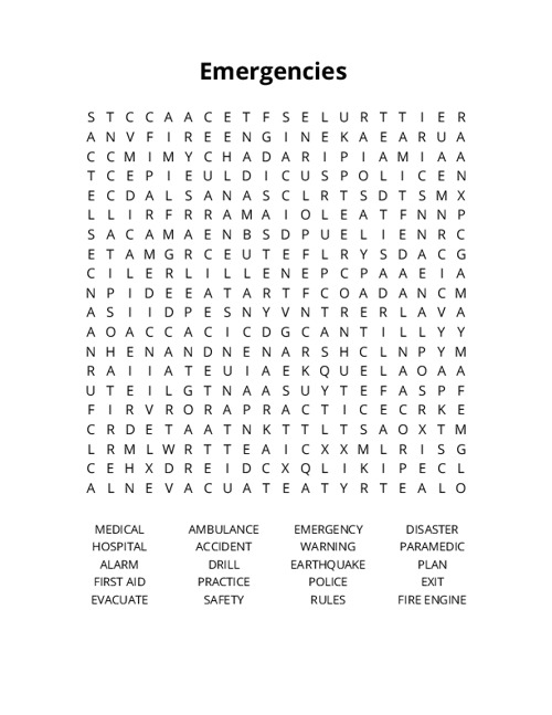 Emergencies Word Search Puzzle
