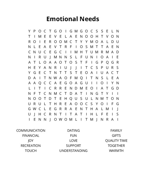 Emotional Needs Word Search Puzzle