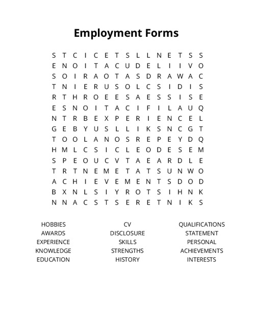 Employment Forms Crossword Puzzle