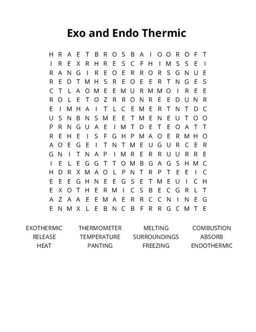 Exo and Endo Thermic Word Search Puzzle