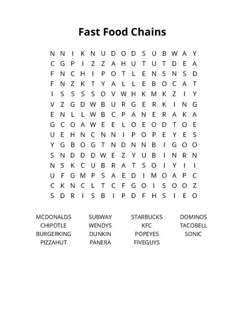 Fast Food Chains Word Search Puzzle