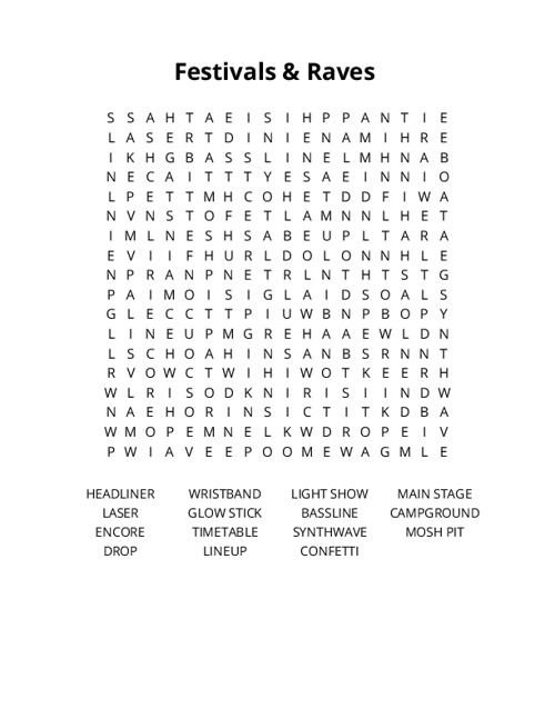 Festivals & Raves Word Search Puzzle