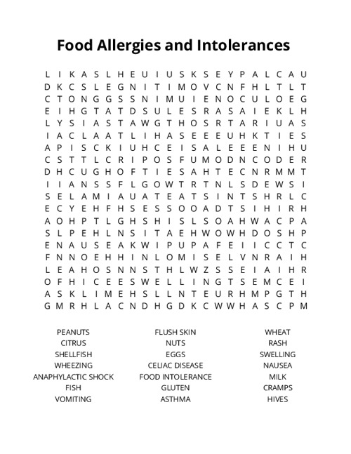 Food Allergies and Intolerances Crossword Puzzle