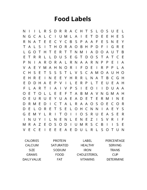 Food Labels Crossword Puzzle