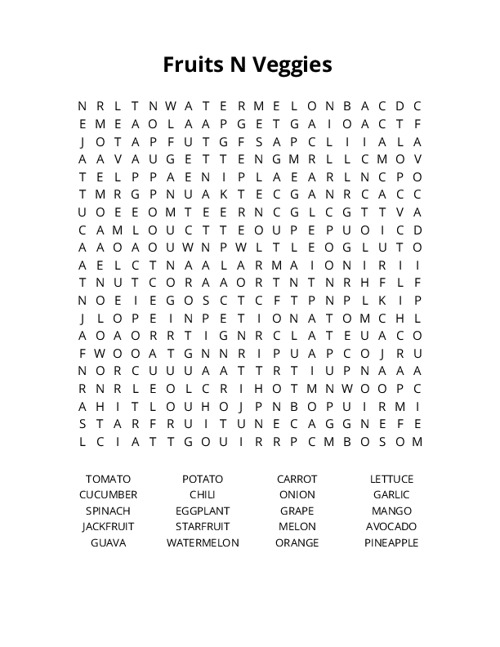 Fruits N Veggies Word Search Puzzle