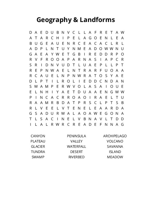 Geography & Landforms Word Search Puzzle