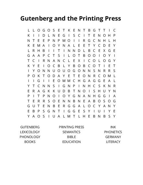 Gutenberg and the Printing Press Word Search Puzzle