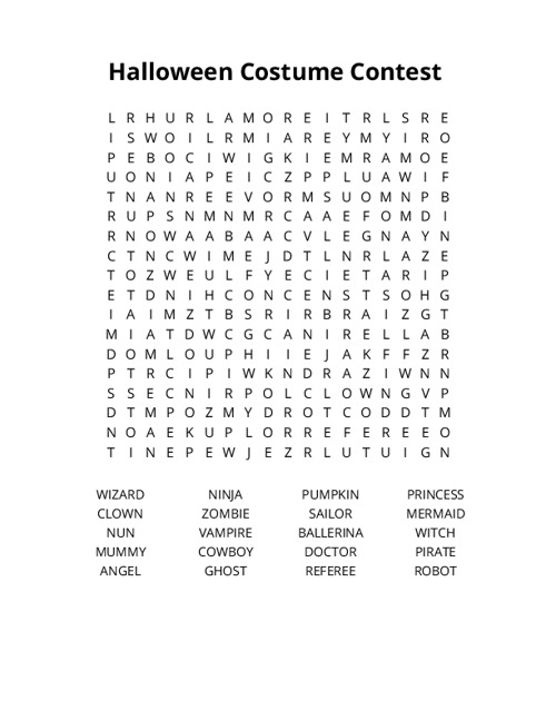 Halloween Costume Contest Word Search Puzzle