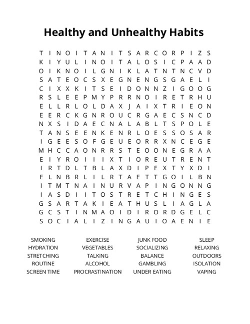 Healthy and Unhealthy Habits Word Search Puzzle