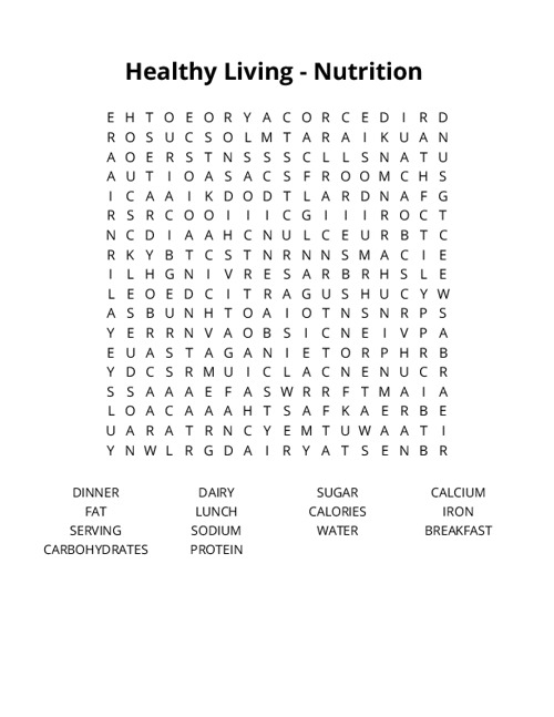 Healthy Living - Nutrition Word Search Puzzle