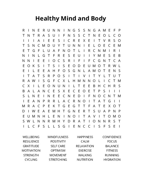 Healthy Mind and Body Word Search Puzzle