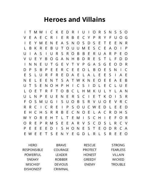 Heroes and Villains Word Search Puzzle