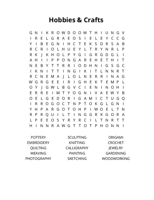 Hobbies & Crafts Word Search Puzzle