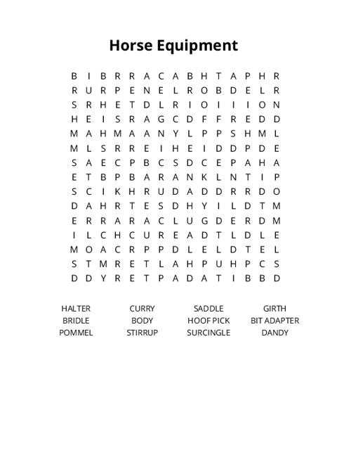Horse Equipment Crossword Puzzle