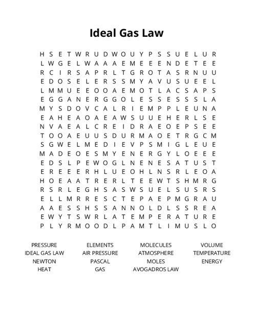 Ideal Gas Law Word Search Puzzle