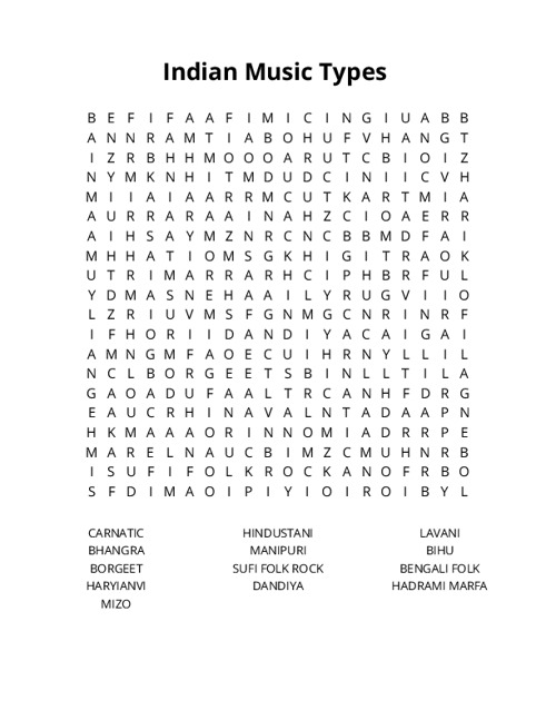 Indian Music Types Word Search Puzzle