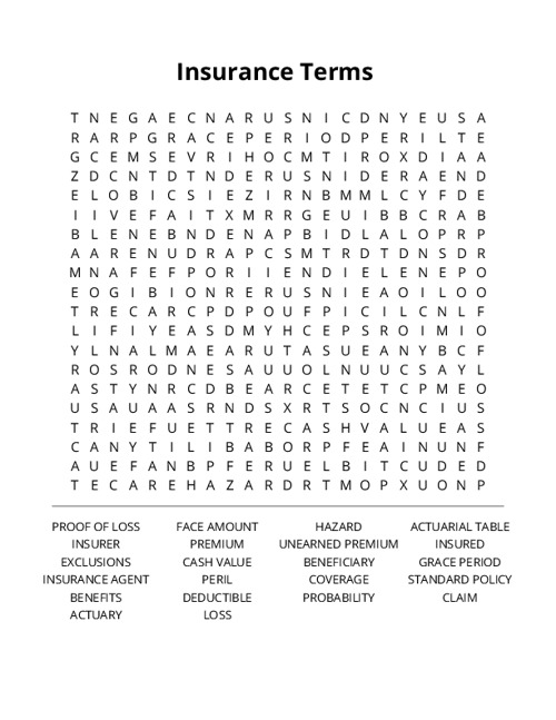 Insurance Terms Crossword Puzzle
