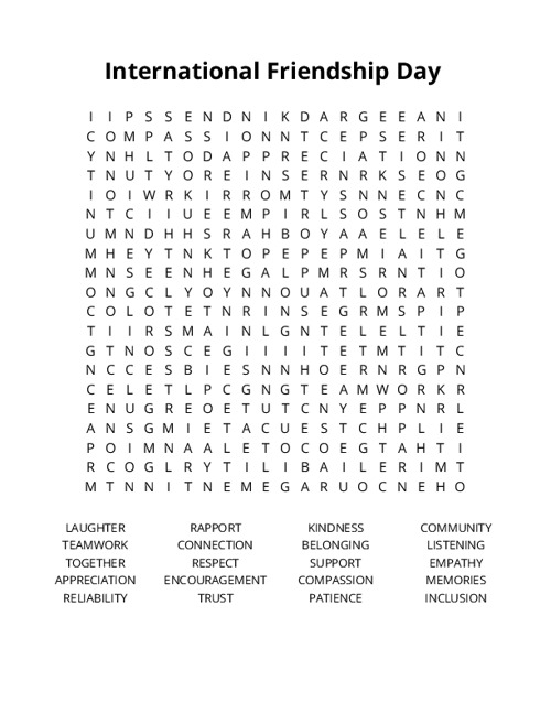 International Friendship Day  Word Search Puzzle