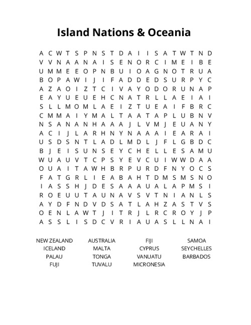 Island Nations & Oceania Word Search Puzzle