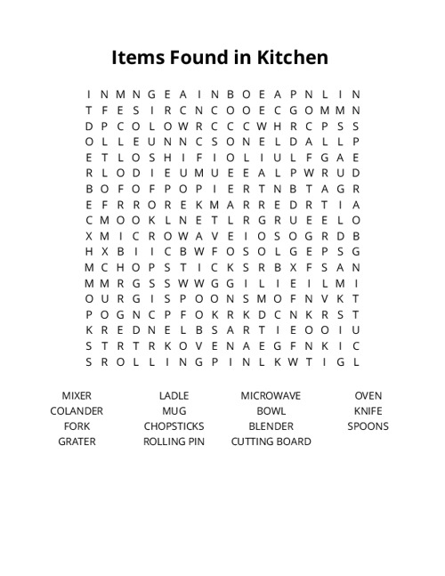 Items Found in Kitchen Word Search Puzzle