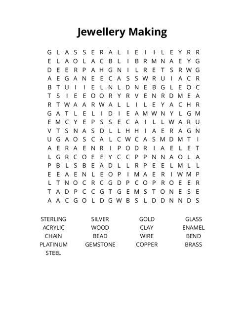 Jewellery Making Crossword Puzzle