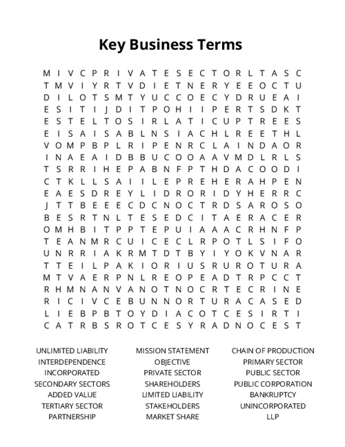 Key Business Terms  Word Search Puzzle