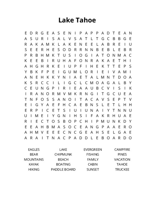 Lake Tahoe Crossword Puzzle