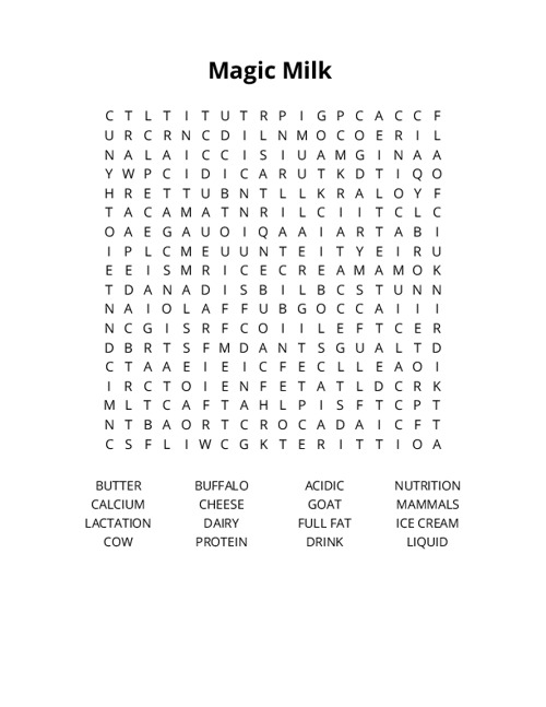 Magic Milk Word Search Puzzle