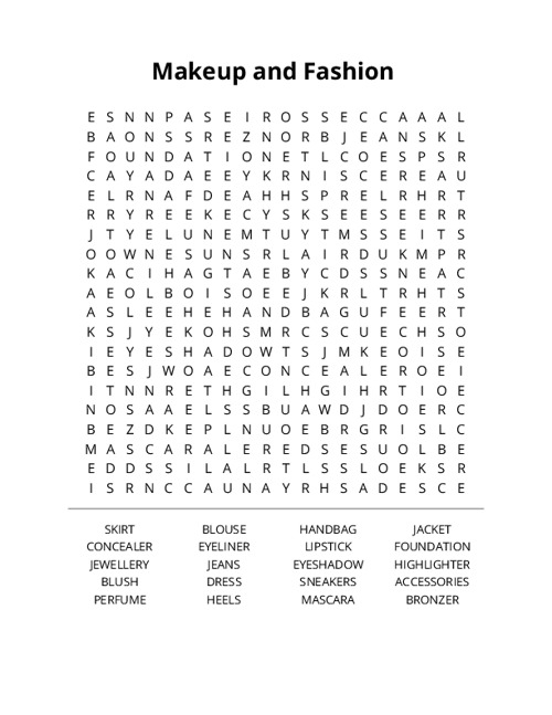 Makeup and Fashion Word Search Puzzle