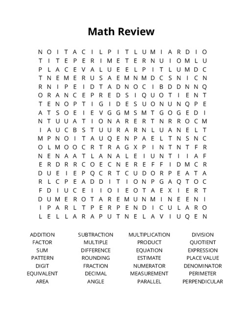 Math Review  Word Search Puzzle