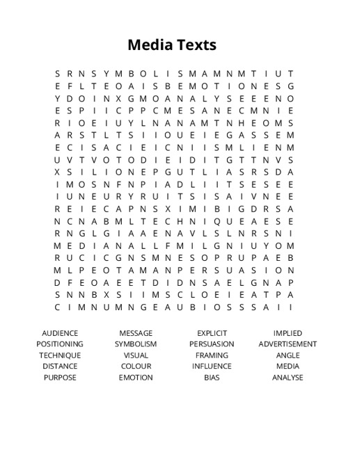 Media Texts  Word Search Puzzle
