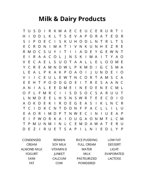 Milk & Dairy Products Crossword Puzzle