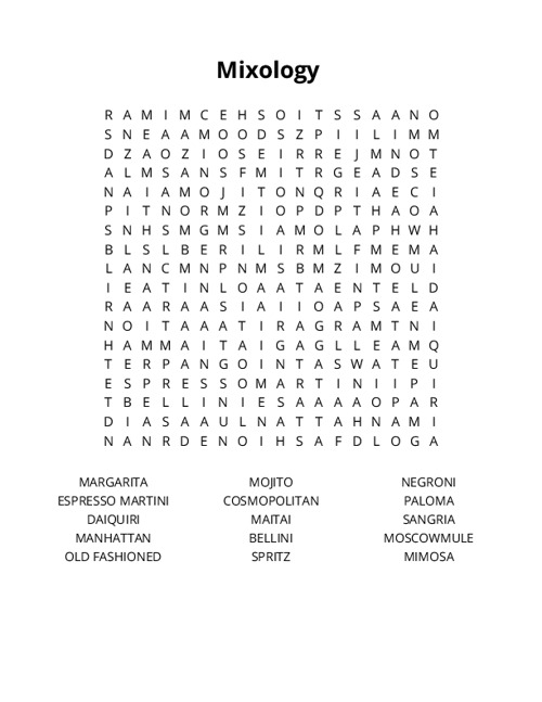 Mixology Word Search Puzzle
