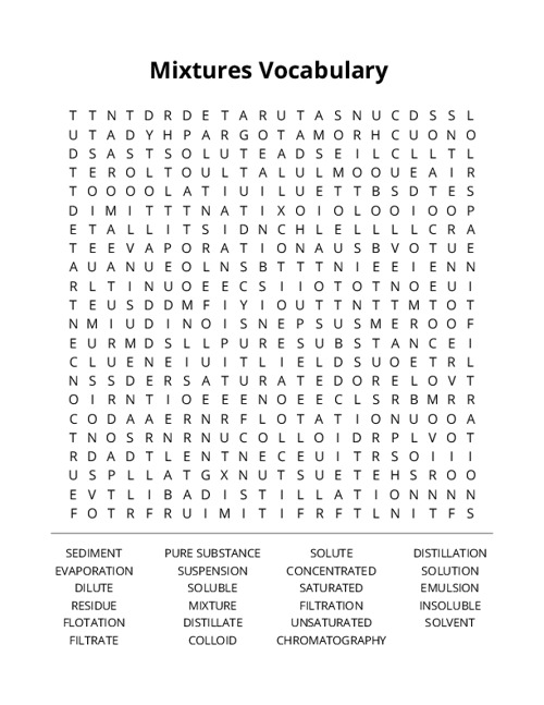 Mixtures Vocabulary Word Search Puzzle