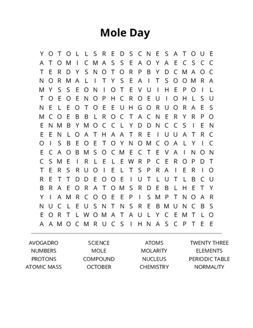 Mole Day Word Search Puzzle