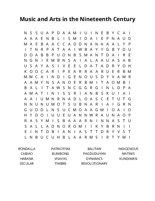 Music and Arts in the Nineteenth Century Word Search Puzzle