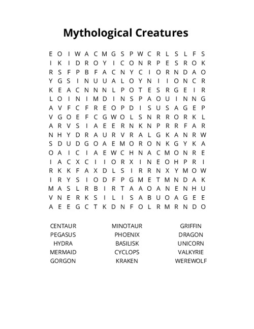 Mythological Creatures Word Search Puzzle
