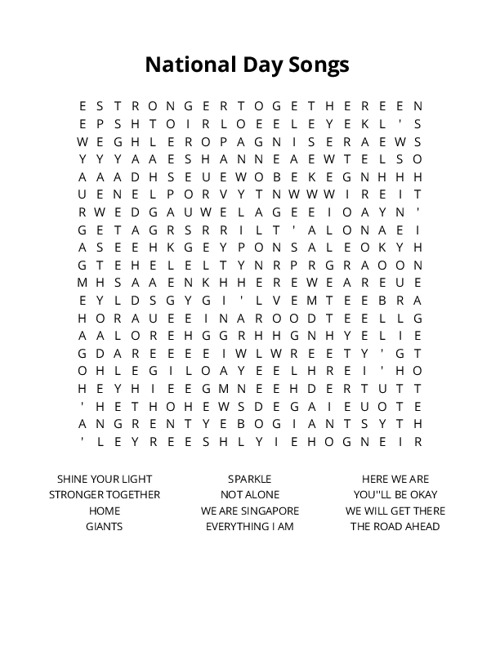 National Day Songs Crossword Puzzle