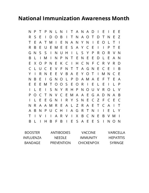 National Immunization Awareness Month Crossword Puzzle