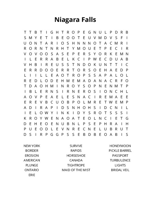 Niagara Falls Crossword Puzzle